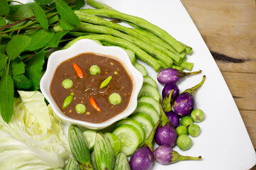 Spicy Shrimp Paste Dip (Nam Prik Kapi) in white dish Thai food