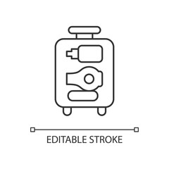 Open suitcase linear icon. Luggage with cosmetic and hygiene amenities for trip. Thin line customizable illustration. Contour symbol. Vector isolated outline drawing. Editable stroke