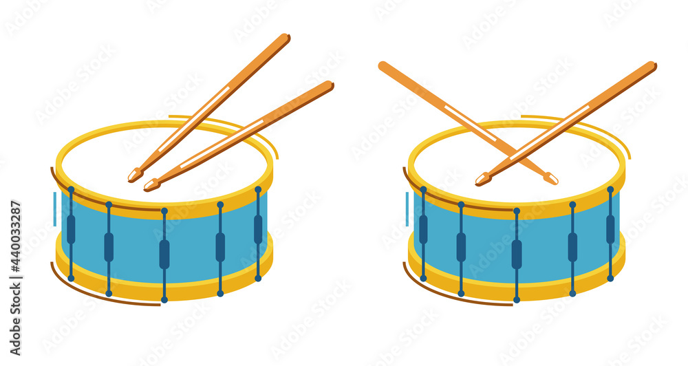 Wall mural drum musical instrument vector flat illustration isolated over white background, snare drum design.