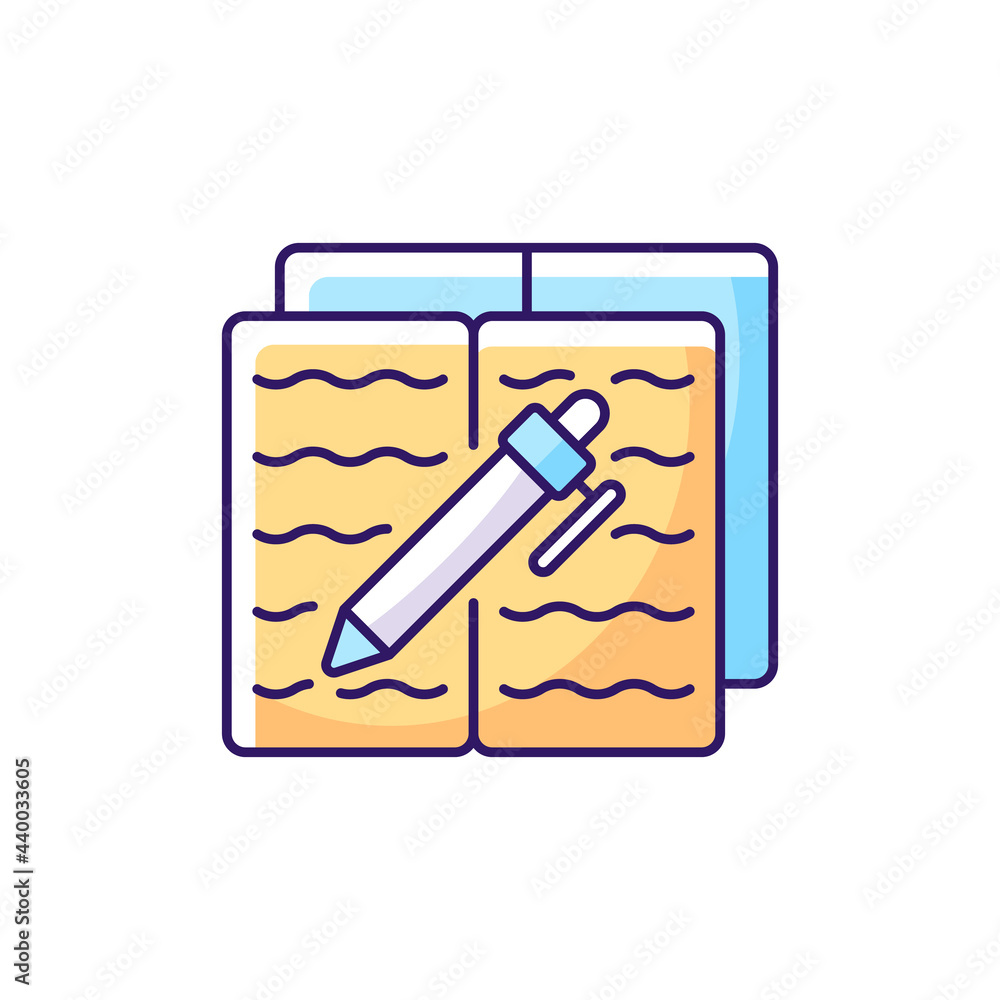 Poster homework rgb color icon. textbook with text and pen for writing. notebook with school report. isolat