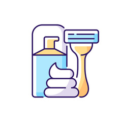Razor and shaving cream RGB color icon. Facial skin care, hair removal for man. Lotion for aftershave. Isolated vector illustration. Everyday daily routine simple filled line drawing