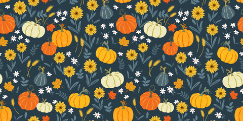 Lovely hand drawn Thanksgiving seamless pattern with pumpkins and sunflowers, great for textiles, table cloth, wrapping, banners, wallpapers - vector design