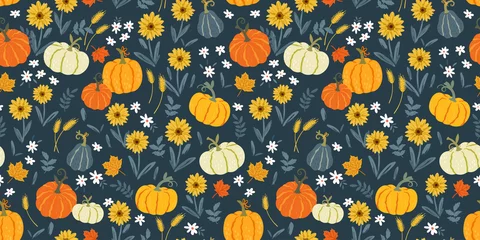 Foto op Plexiglas Lovely hand drawn Thanksgiving seamless pattern with pumpkins and sunflowers, great for textiles, table cloth, wrapping, banners, wallpapers - vector design © TALVA