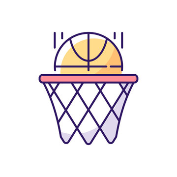 recommend clip art: Basketball RGB color icon. Team sport for exercise. Scoring goal with shooting ball in hoop. Isolated vector illustration. Everyday routine activities in school simple filled line drawing