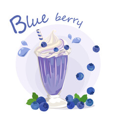 Blueberry Smoothies in a glass isolated on white background. Vector illustration.