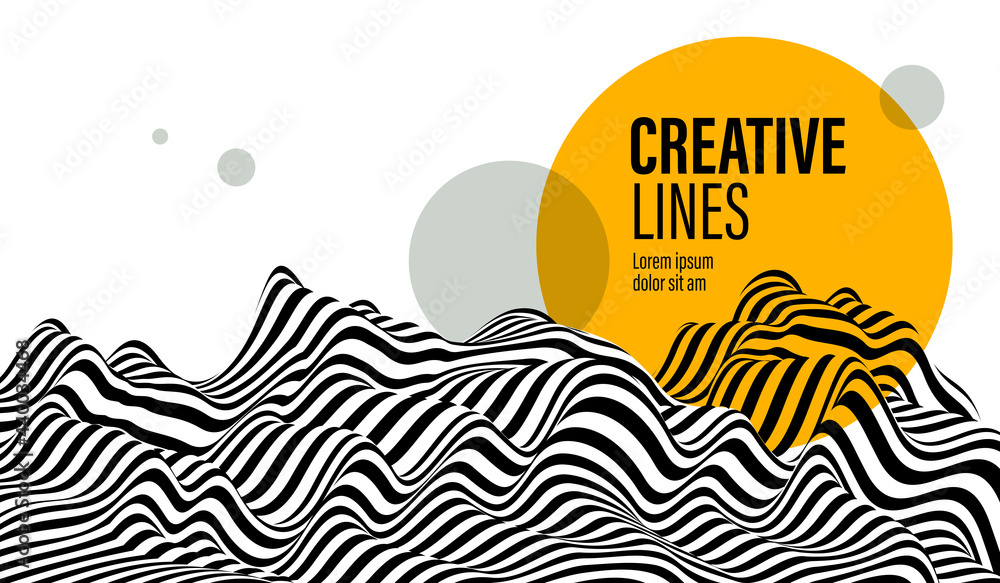 Poster 3d black and white lines in perspective with yellow circle splat abstract vector background, linear 