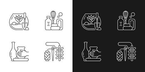 Creative hobbies linear icons set for dark and light mode. DIY tropical terrarium. Handmade soap. Making pottery. Customizable thin line symbols. Isolated vector outline illustrations. Editable stroke