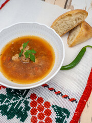romanian ciorba de perisoare or meat balls soup