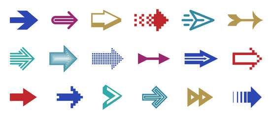 Arrow symbols big set of different shapes styles and concepts, cursors for icons or logo creation, single color monochrome logotypes.