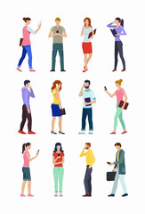 Fototapeta na wymiar Set of people using smartphones. Group of young men and women using phones for call, texting, talking, chatting, selfie, business purposes. Collection of flat male and female characters with phones.