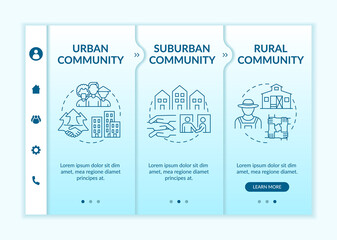 Social units types onboarding vector template. Responsive mobile website with icons. Web page walkthrough 3 step screens. Rural, peri-urban communities color concept with linear illustrations