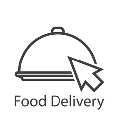 Logotipo con texto Food Delivery con bandeja de comida con tapadera con flecha de mouse con lineas en color gris