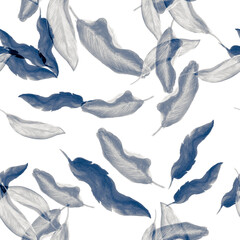 Azure Banana Textile. Indigo Seamless Illustration. Blue Tropical Leaf. Pattern Print. Watercolor Plant. Floral Design. Summer Set. Botanical Monstera.