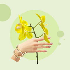Contemporary art collage, modern design. Aesthetic of hands. Trendy pastel colors. Copyspace for your ad or text.