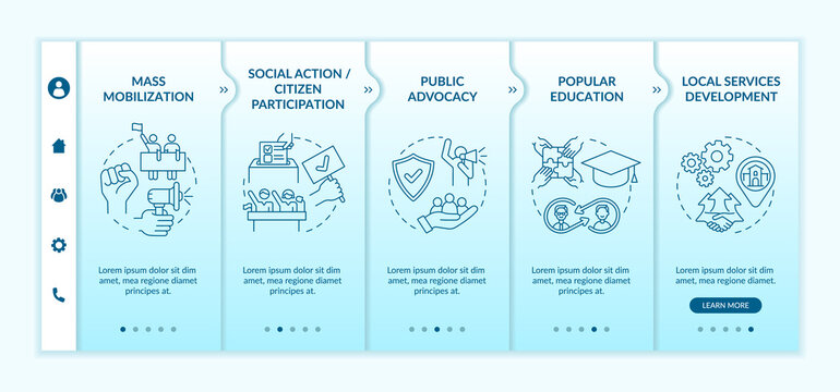 Social unit change strategies onboarding vector template. Responsive mobile website with icons. Web page walkthrough 5 step screens. Citizen participation color concept with linear illustrations