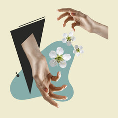 Contemporary art collage, modern design. Aesthetic of hands. Trendy pastel colors. Copyspace for...