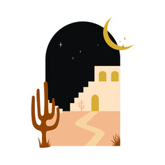Abstract modern aesthetic background with desert landscape, stairs, cactus, moon. Earthy tones, burnt orange, terracotta colors. Boho style wall decor. Mid century architecture