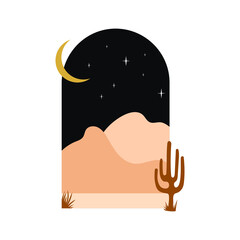 Abstract modern aesthetic background with desert landscape, stairs, cactus, moon. Earthy tones, burnt orange, terracotta colors. Boho style wall decor. Mid century architecture