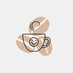 Coffee cup icon on a background of coffee beans with a smiley face.The graphic effect of aromatic coffee for cheerfulness and good mood. Coffee break.Vector illustration
