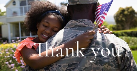 Composition of thank you text over soldier with his daughter holding american flag