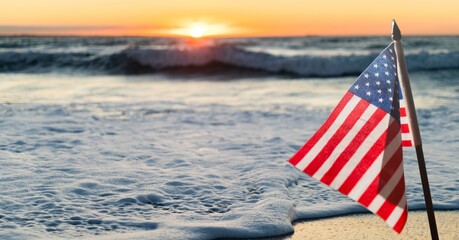 Composition of waving american flag against sunset and seaside