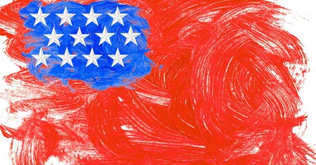 Composition of painted american flag stars and stripes pattern on white background