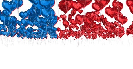 Composition of red and blue balloons with copy space on white background