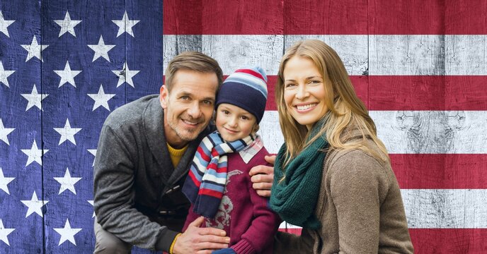 Composition of portrait of smiling caucasian couple with son against american flag