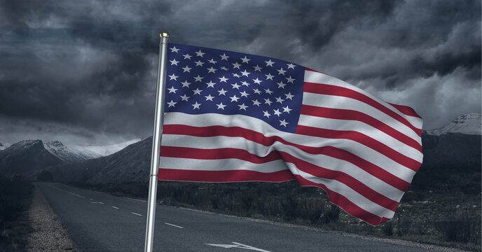 Composition of waving american flag against stormy sky and countryside road