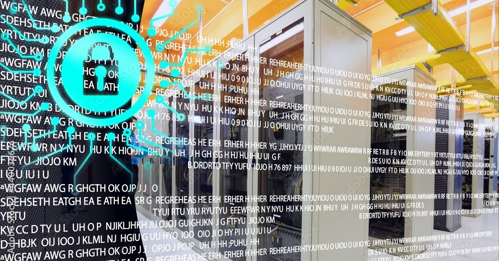 Aufkleber security padlock icon and data processing over server room against black technology background