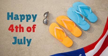 Composition of happy 4th of july text with american flag, sunglasses and flip flops