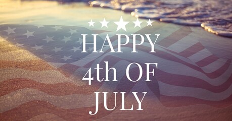 Composition of happy 4th of july text over american flag and sea
