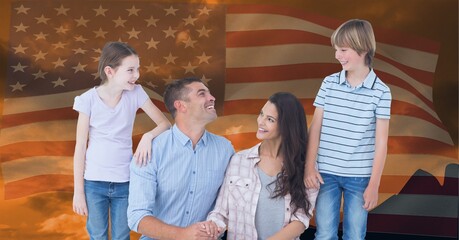 Composition of portrait of smiling caucasian couple with son and daughter against american flag