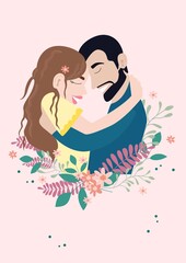 Composition of happy smiling couple embracing with flowers and foliage on pale pink background