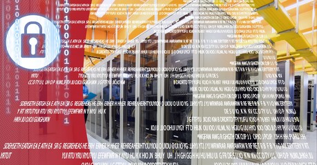 Security padlock icon and data processing over server room against red technology background