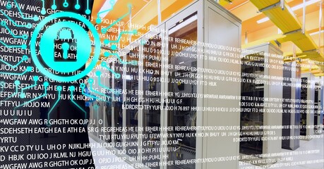 Security padlock icon and data processing over server room against black technology background