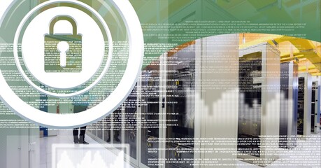 Security padlock icon and data processing over server room against green technology background