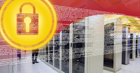 Security padlock icon and data processing over server room against red technology background
