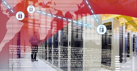 Security padlock icon and data processing over server room against red technology background