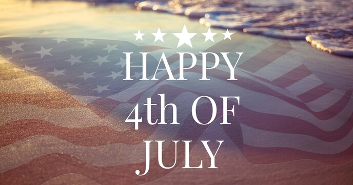 Composition of happy 4th of july text over american flag and sea