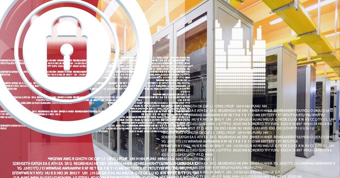 Security padlock icon and data processing over server room against red technology background