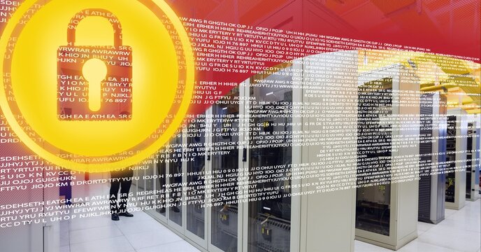 Security padlock icon and data processing over server room against red technology background