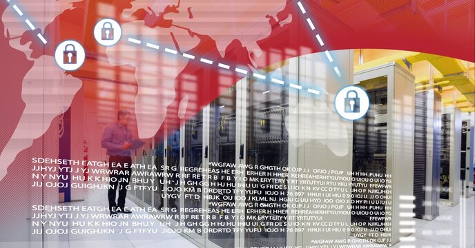 Security padlock icon and data processing over server room against red technology background