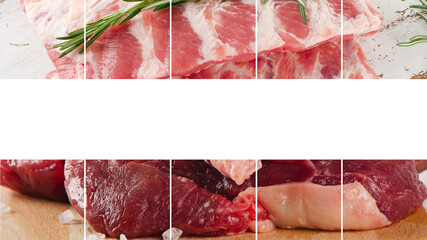 Collage of raw and prepared steaks and meat parts. Best protein sources.