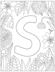 Letter S coloring page. Floral coloring.