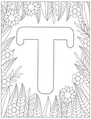 Letter T coloring page. Floral coloring.