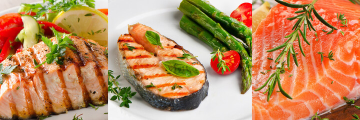 Assorted dishes with salmon. Healthy food concept.