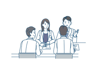 ミーティングをする医者　科学者　会議　白衣を着た男女　イラスト素材