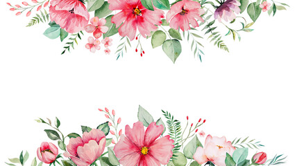 Watercolor pink flowers and green leaves card illustration