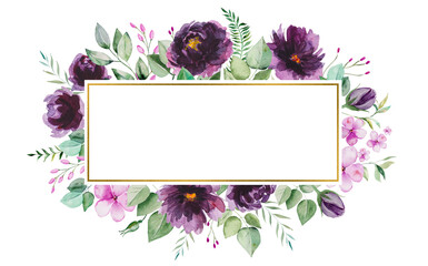 Watercolor purple flowers and green leaves frame illustration